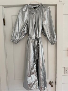 INC International Concepts Metallic Silver Long Jumpsuit with Tie Waist